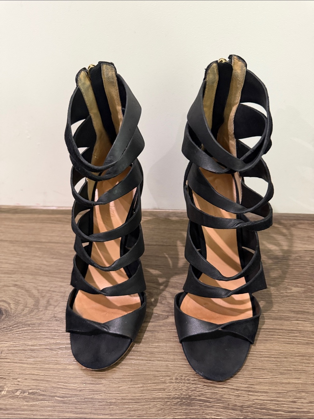 L.A.M.B. Quintessa Black Strappy Suede/Leather High-Heel Sandals with Gold Zip